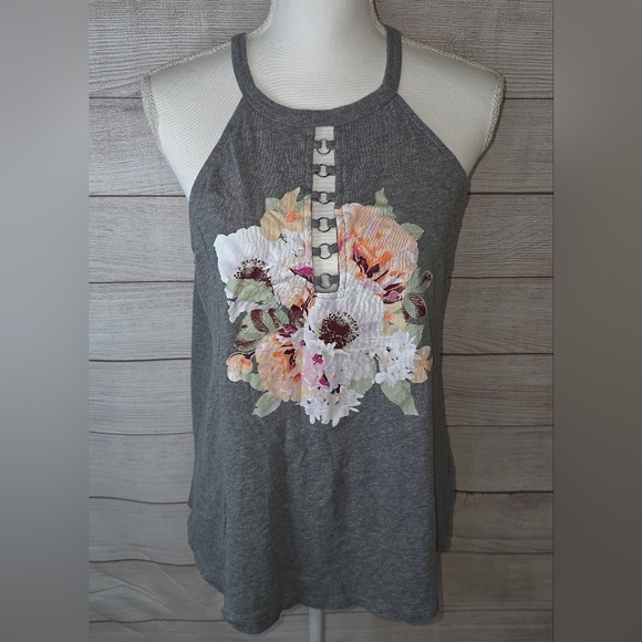 torrid Tops - Torrid Grey Floral O-ring Slim‎ Fit Tank Top Size 00